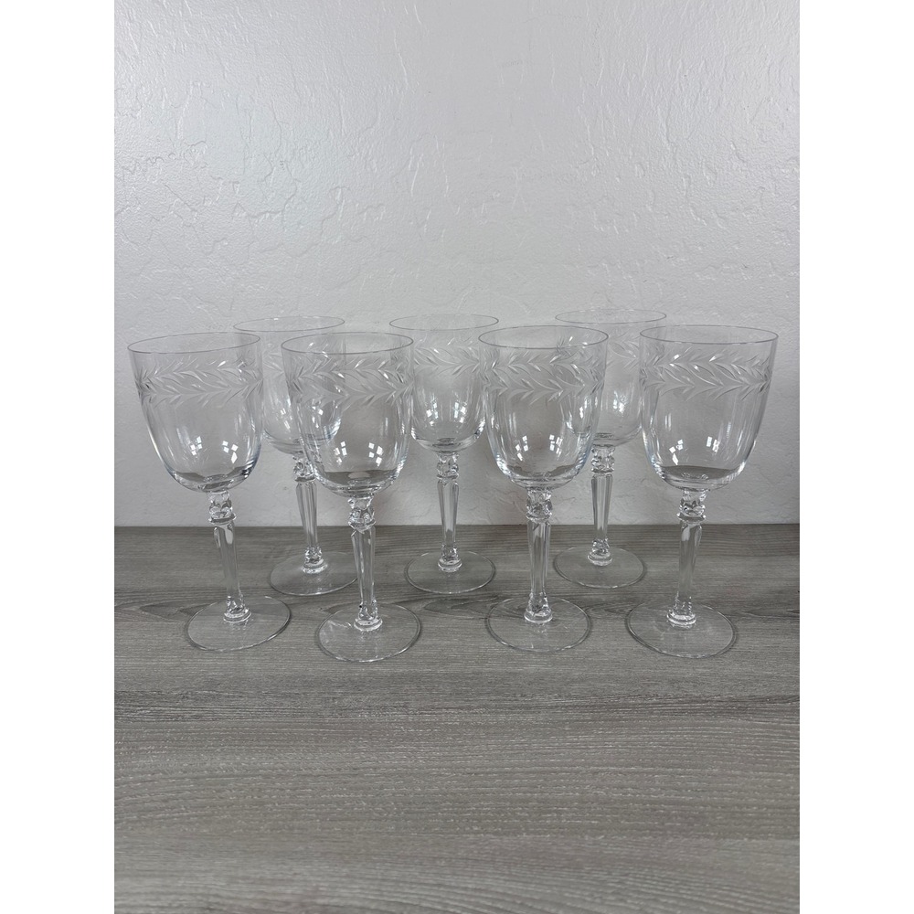 7 Vintage Fostoria Holly Water Wine Goblets 7 7/8" Tall Clear Crystal Glass - 7